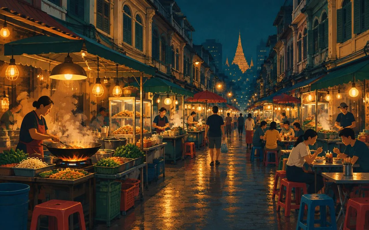 Illustration of a Bangkok street-food lane at night with stall lamps and plastic chairs