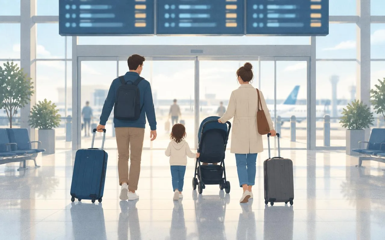 Illustration of a family with rolling suitcases and a stroller walking through an arrivals hall