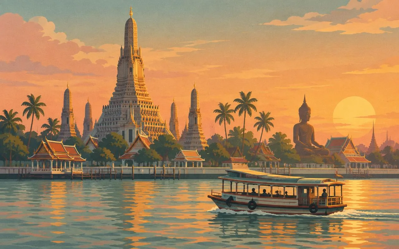 Illustration of a riverside temple at sunset with a prang spire and a ferry boat